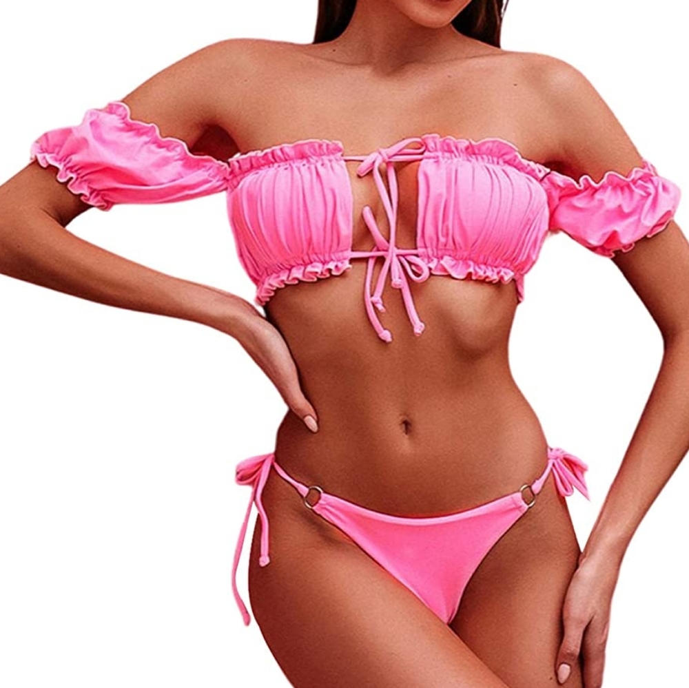 🆕️Bandeau Bikini Set Strapless Ribbed Tie Back Ruffle Cutout Swimsuits Swimwear